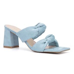 New Torgeis Flamingo Faux Suede Double Knotted Block Heeled Sandals Teal Size 10